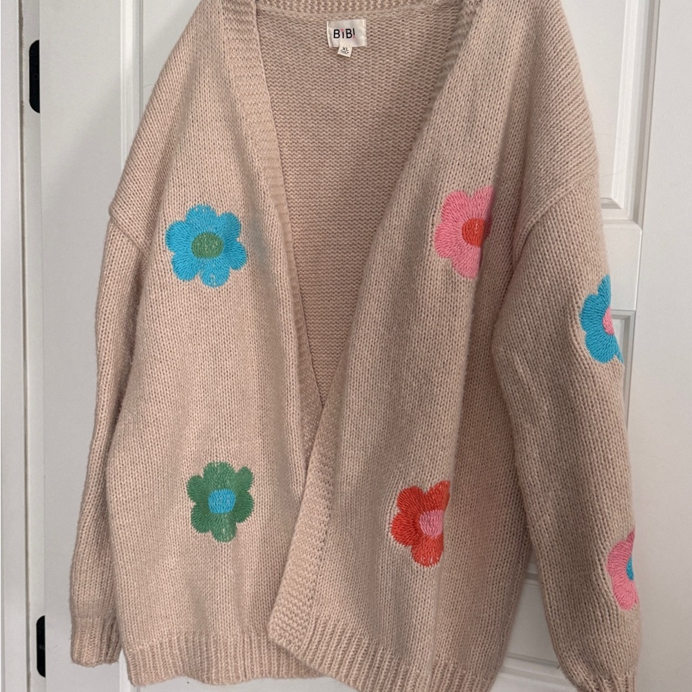 BiBi Beige Cardigan with Colorful Floral Accents